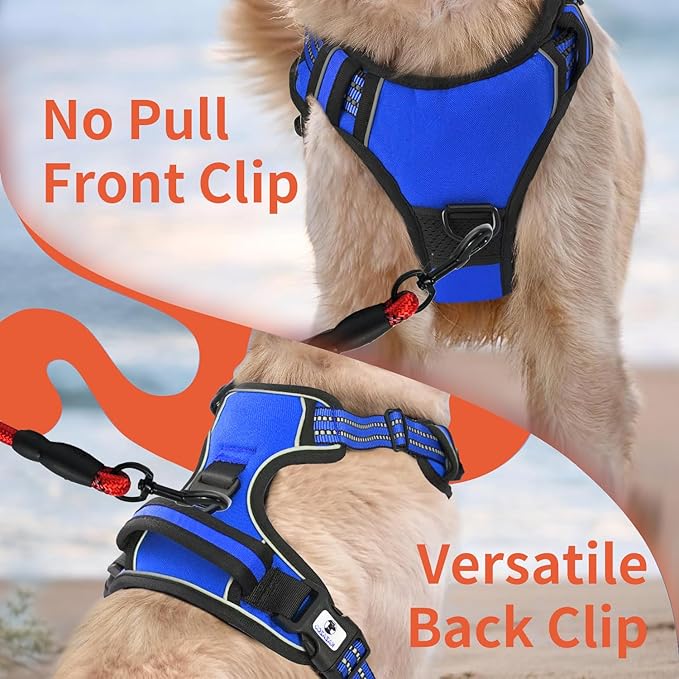 Dog Harness, No-Pull Pet Breathable Harness, Adjustable Soft Padded Dog Vest with 2 Leash Clips, Reflective No-Choke Pet, Easy Control Handle for Large Dogs, Blue, S