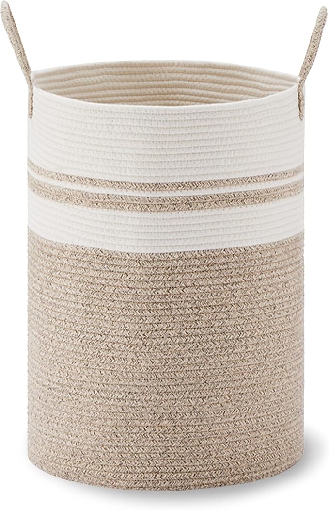 VIPOSCO Large Laundry Hamper, Tall Woven Rope Storage Basket for Blanket, Toys, Dirty Clothes in Living Room, Bathroom, Bedroom - 58L Brown & White