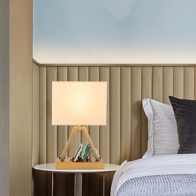 Briever Touch Control Table Lamp, 3-Way Dimmable Desk Lamp with USB C & USB A and AC Outlet, Bedside Lamp with Phone Stand and Fabric Shade for Bedroom, Living Room,Bulb Included, Gold