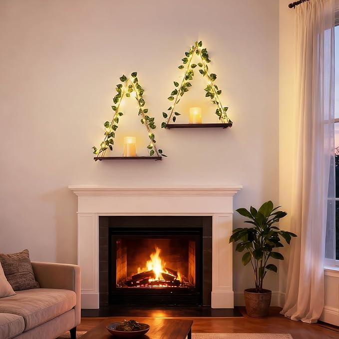 Floating Shelves for Wall, Hanging Shelves with Artificial Pothos LED String Light, No Drilling Hanging Shelf, Wood Hanging Plant Shelves for Wall Décor, Boho Decor, Art Bedroom, 2 Pack