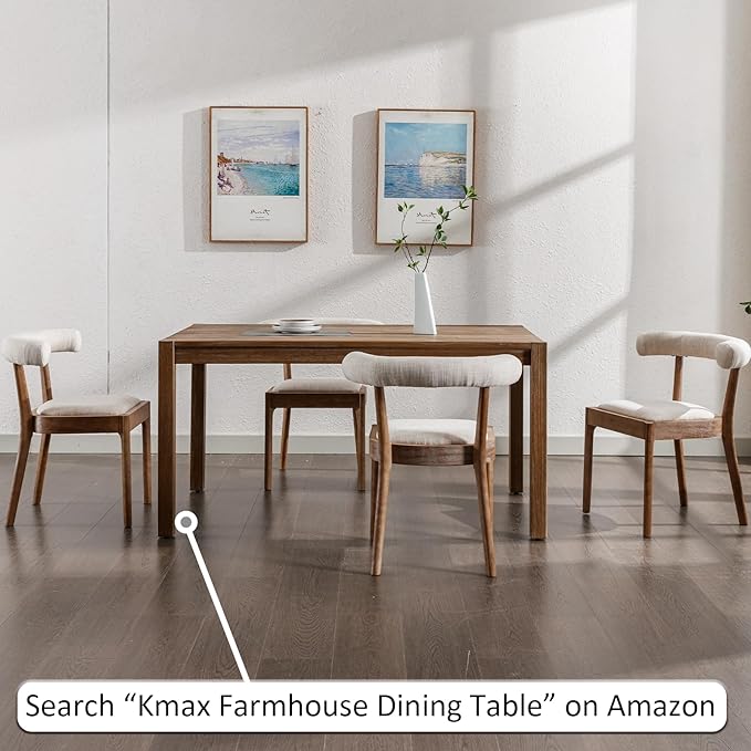 Kmax Dining Room Chairs Mid-Century Modern Fabric Kitchen Chairs with Natural Walnut Finished Frame, Linen Curved Back, Set of 6, Beige