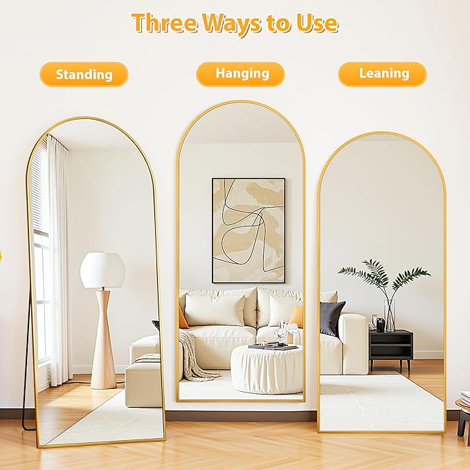 Full Length Mirror, 81"x41" Oversized Floor Mirror Freestanding, Full Body Mirror Floor Standing Mirrors with Stand, Hanging Mounted Mirrors for Bedroom Living Room, Gold, Arched Style