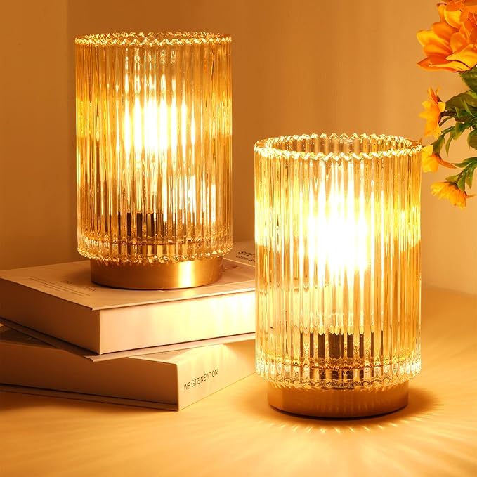 Battery Operated Lamp, Cordless Table Lamp with Timer, Desk Bedside Lamps with LED Warm Light, Glass Small Table Lamp for Bedroom, Bathroom, Living Room, Home Decor - Amber