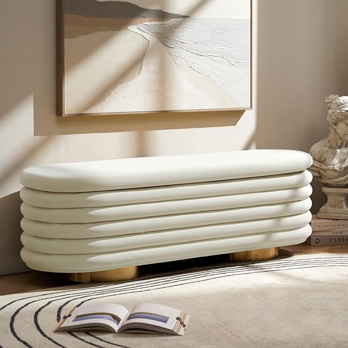 HULALA HOME Velvet Storage Bench, Large Upholstered Ottoman with Button Tufted Design for Living Room, Bedroom, Entryway, or Window, End of Bed Bench with Shoe Storage, Modern Home Decor, Ivory