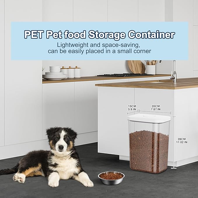 Airtight Dog Cat Food Storage Container and Dog Treat Containers BPA-Free, PET Clear Stackable Pet Storage Bin, 1 Cup Scoop, 1 Sponge cleaning brush, Pop Top, With handle ((5.6L-1Pack) White)