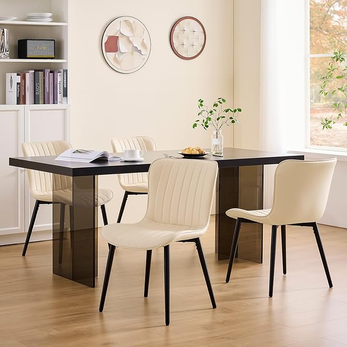 Modern Dining Chairs Set, Heavy Duty Upholstered Side Chairs with Faux Leather, Comfortable Cushions & Durable Metal Legs with Adjustable Feet, Perfect for Kitchen, Dining Room (Beige, Set of 4)