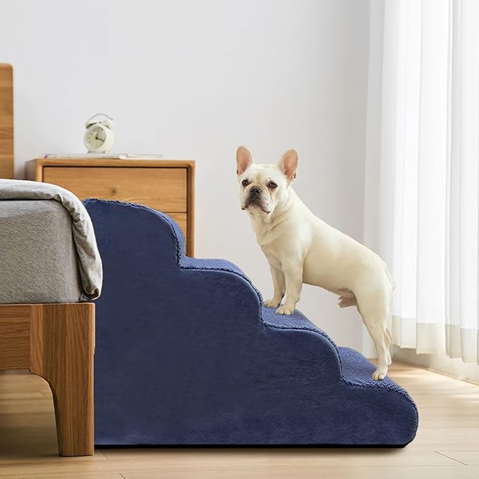 PAWSCART Dog Stairs for Small Dogs and Cats, 4-Step Dog Steps for Bed, 19.6" H Pet Stairs for High Bed, Pet Ramp for Couch, Sofa, Non-Slip Surface Removable Washable Cover, Blue