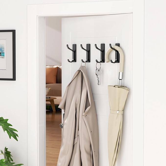 pickpiff Adhesive Wall Coat Hooks - Heavy Duty Stick-On Door Hanger, Metal Hook for Hanging Towel,Purse, Robe, Backpack, Jacket, Clothes - for Bathroom,Dorm, Closet, Kitchen - Black, 4 Pack