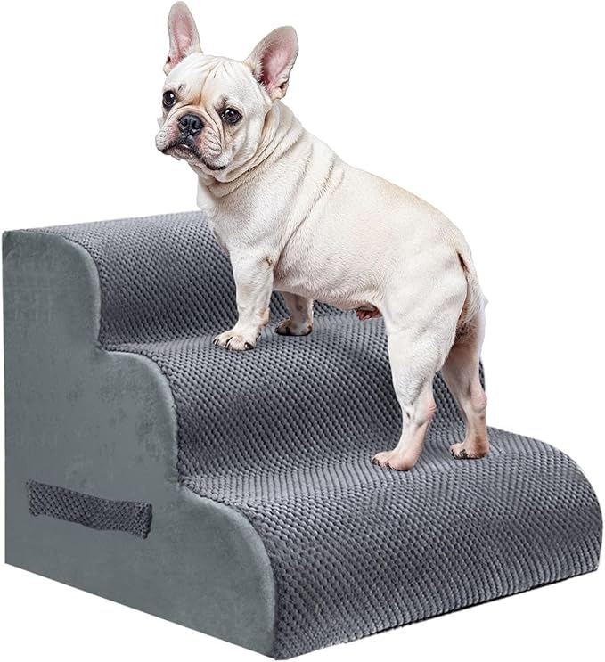 PAWSCART Dog Stairs for Small Pets, 17.7" H with 30D Material Soft Foam, Portable Ramp Non-Slip Surface Non-Slip for Couch and High Bed Climbing, 3-Step Stairs for Cat or Dog, Grey