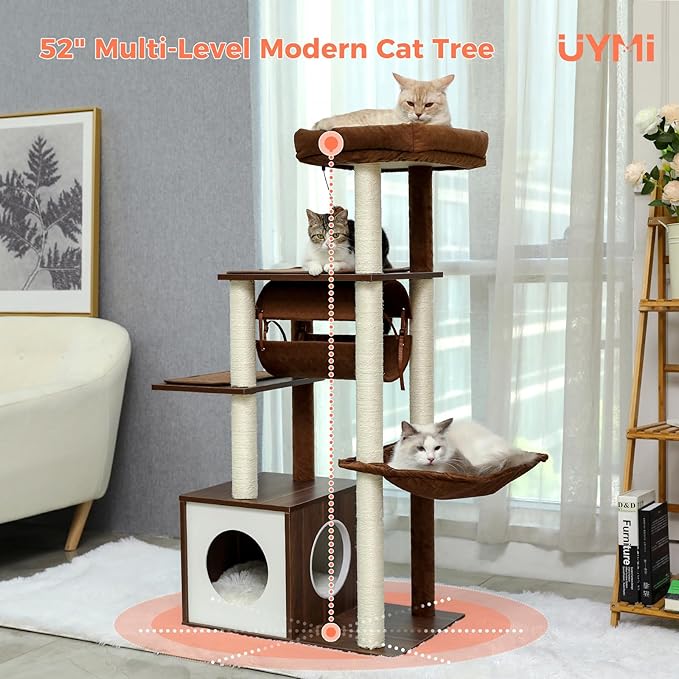 52" Modern Cat Tree for Large Cats, Wooden Cat Tower with Fully Sisal Covered Scratching Posts, Luxury Cat Furniture with Spacious Perch, Super Large Hammock, Cozy Condo and Swing Tunnel Brown