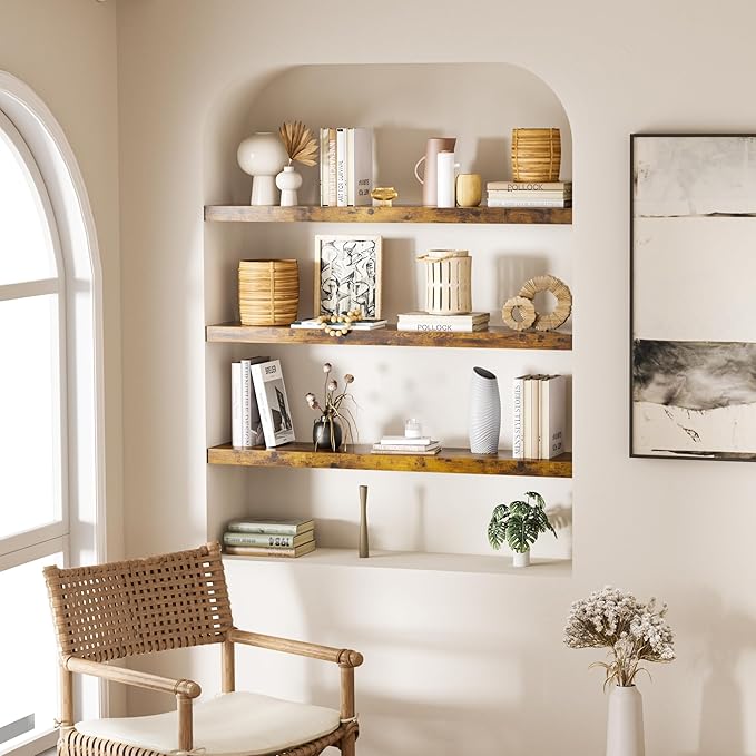 Colima Bathroom Floating Shelves for Wall, 36" Floating Wall Mounted Shelf, Rustic Wood Storage Display Shelves for Home Organization, Bathroom, Kitchen, Living Room (Set of 3, Rustic Brown)