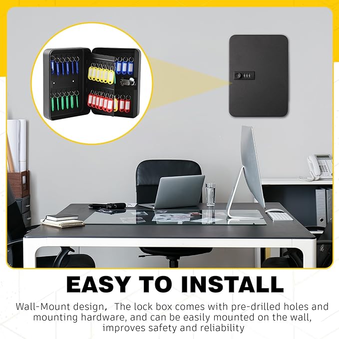 Ripeng 48 Keys Key Cabinet with Combination Lock - Steel Key Box with Tags and Hooks Wall Safe Storage Box for Car Office Hotel House Rental Business