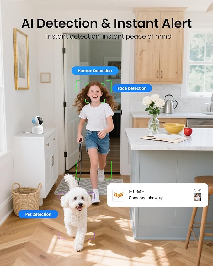 4K Indoor Security Camera with 64GB Memory Card, 5GHz/2.4GHz WiFi Camera, 360° Pan/Tilt IP Camera, Auto Tracking, AI Human/Face/Pet Detection, Night Vision, 2-Way Audio, One-Touch Call