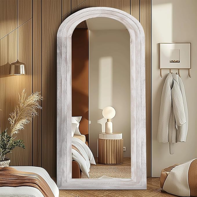 Arched Full Length Mirror with Solid Wood Frame, 71x32 Farmhouse Wall Mirror Full Length with Stand, Vertical Hanging, Leaning Standing for Bedroom, Living Room, Rustic White