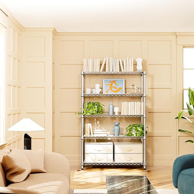 IZEUK 5-Tier Heavy Duty Metal Storage Shelving Unit (Chrome, 17.7" D x 47.2" W x 72.3" H, 1750 lbs Capacity), Adjustable Steel Wire Rack Shelf Organizer for Garage, Kitchen, Pantry, Basement, Laundry