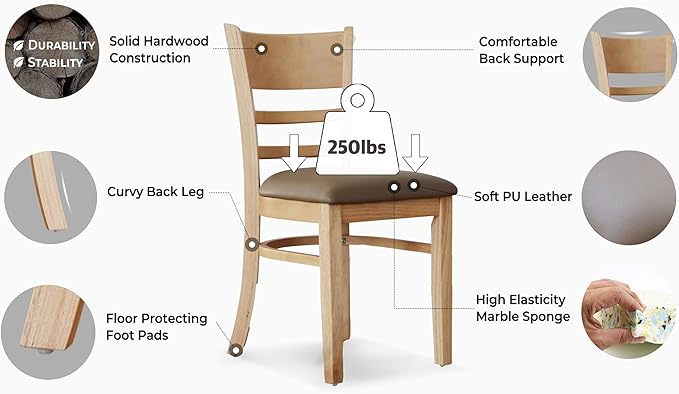 Livinia Cabin Dining Chair Set of 2, Solid Malaysian Oak PU Leather Upholstered Cushion Seat Wooden Ladder Back Side Chairs (Natural-Oak) Assembly Required