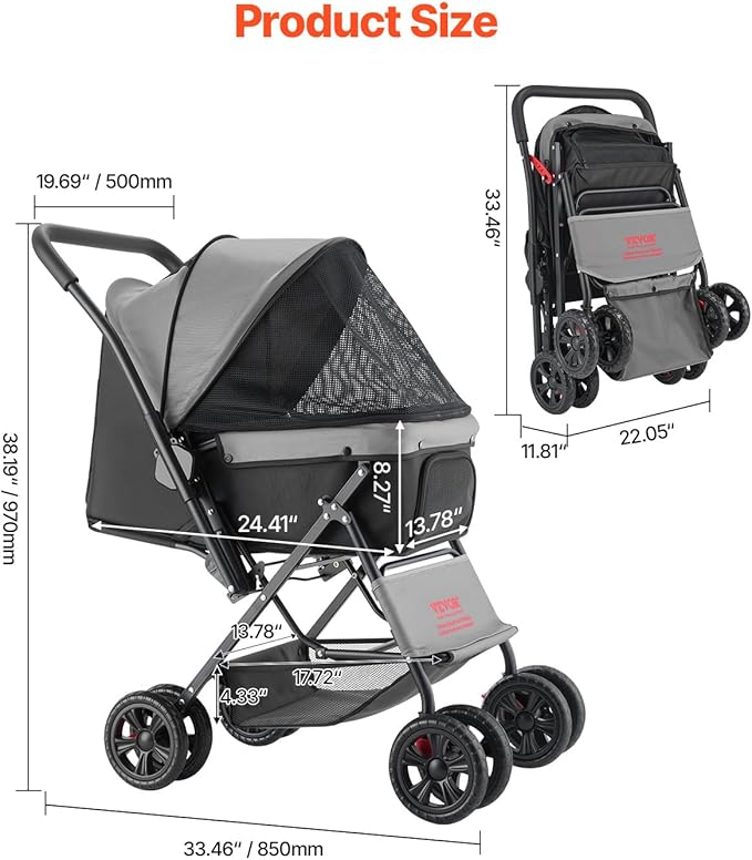VEVOR Pet Stroller, 44 lbs Weight Capacity, Foldable Dog Cart, 4 Wheels Cats Stroller with Mesh Windows & Revrsible Handle, Portable Pet Carrier with Brake, for Small to Medium Pets