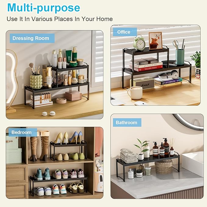 2 Pack Expandable Cabinet Countertop Shelves, Stackable Shelves Organizers For Kitchen Cabinet Countertop Storage, Adjustable Counter Cupboard Pantry Organizer Shelf Rack Stand, Length:20.5"