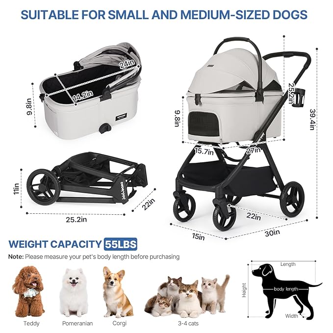 X-5 Luxury Pet Stroller for Medium Dog Under 55lbs or 2 Small Dogs & Cats, One-Touch Folding, Adjustable Handle and Detachable Carrier (Grey)