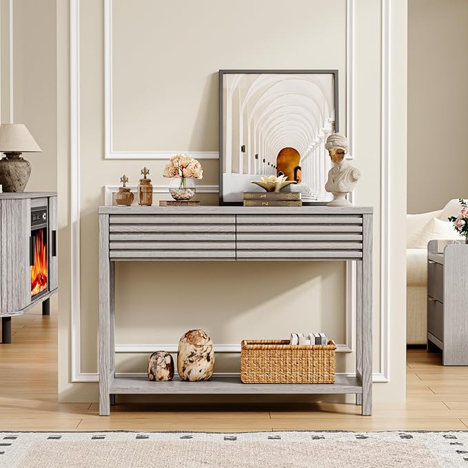 EAG 40" Fluted Console Table with 2 Drawers, Modern Wood 2 Tier Entryway Table with Storage Shelf, Narrow Sofa Tables Behind Couch for Entrance Foyer, Hallway, Living Room, Gray