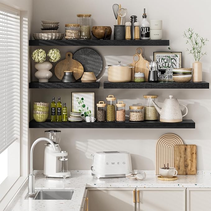 Heimlove 12" Deep Black Floating Shelves for Wall, 24 Inch Shelf Bathroom Shelves Set of 2, Mounted Shelves for Books Living Room Laundry Room Bedroom Kitchen Home Office