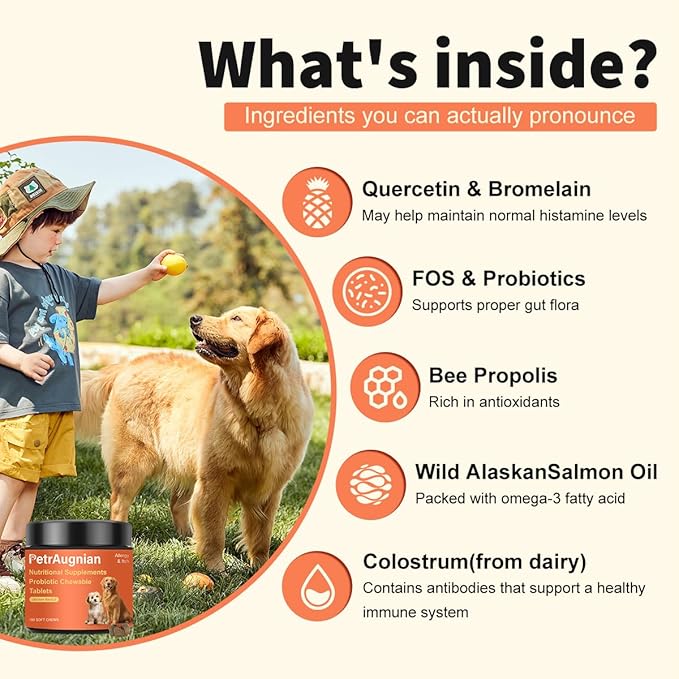 Allergy & Itch Relief for Dogs | Allergy, Itchy Skin & Immune Support with Salmon Oil, Quercetin, Colostrum and Probiotics -Nutritional Supplements 200 Soft Chews