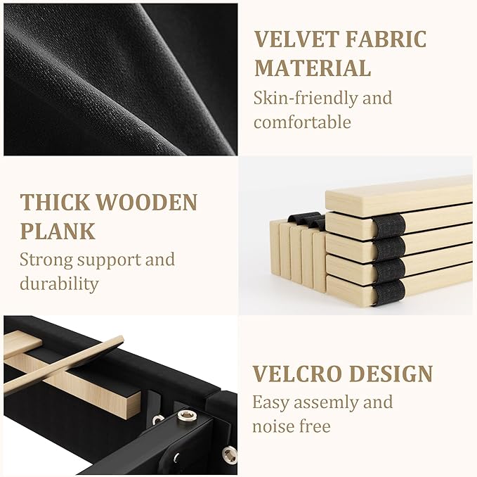 Queen Bed Frame with Storage Drawers, Upholstered Queen Size Platform Bed with 47" Tall Headboard and Wingboard, No Box Spring Needed, Noise Free, Easy Assembly, Wooden Support Slats, Black