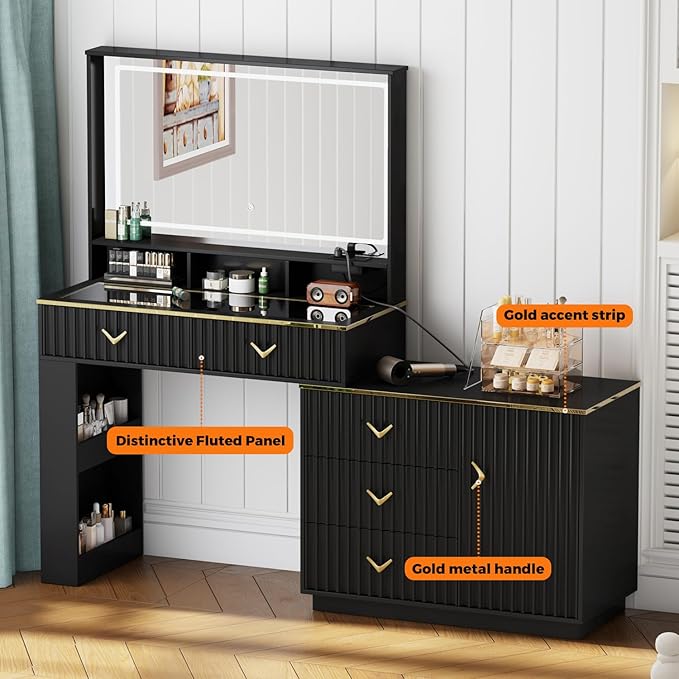 57“Makeup Vanity Desk with Mirror and Lights, Vanity Desk with 5 Drawers & Storage Shelves, Vanity Table with Power Outlet, 3 Color Modes & Adjustable Brightness Dressing Table, Bedroom,Black