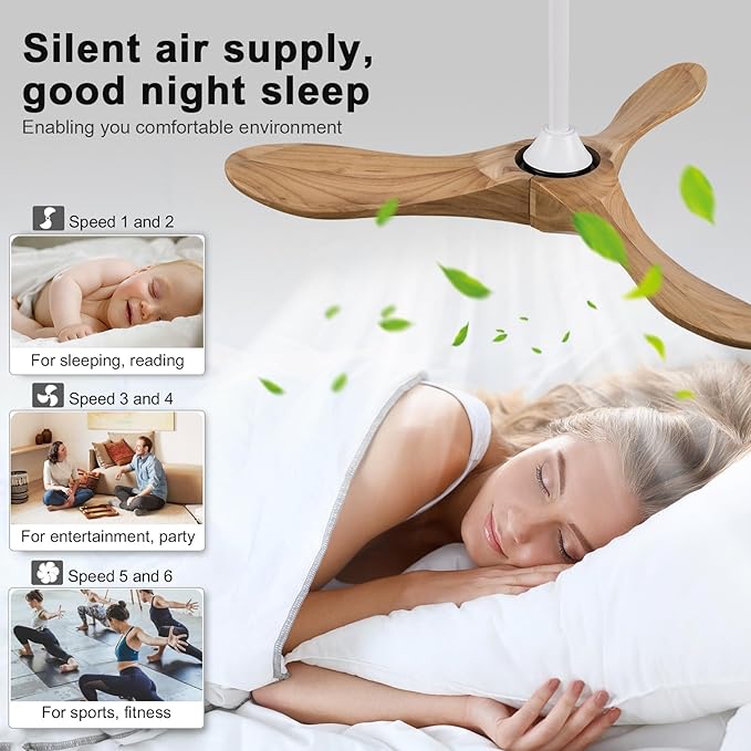 42 Inch Ceiling Fan no Light with Remote, Ceiling Fan without Light, 3 Wooden Blades,Reversible DC Motor,6 Speeds,Outdoor Indoor Ceiling Fan for Patio Bedroom Office
