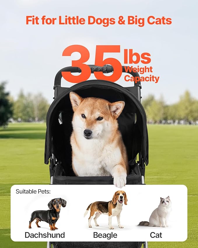 VEVOR Pet Stroller, 35 lbs Weight Capacity, Foldable Dog Cart, 3 Wheels Cats Carts with Mesh Windows and Cup Holders, Portable Pet Carrier Stroller with Brake, for Small to Medium Pets