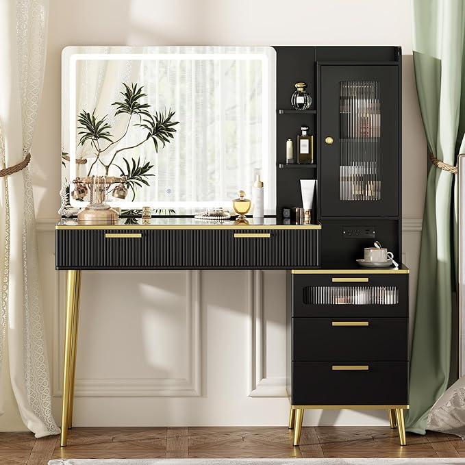 47.24" Big Modern Vanity Desk with Mirror and Lights,Makeup Vanity Desk with 5 Drawers and Storage Shelves & Power Outlet,Dressing Table with Glass Top, Black