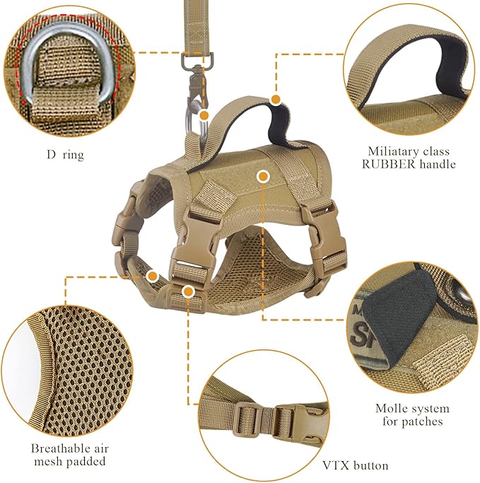 Tactical Cat Harness for Walking Escape Proof, Soft Mesh Adjustable Pet Vest Harness for Large Cat, Small Dog and Khaki (Khaki, Medium)