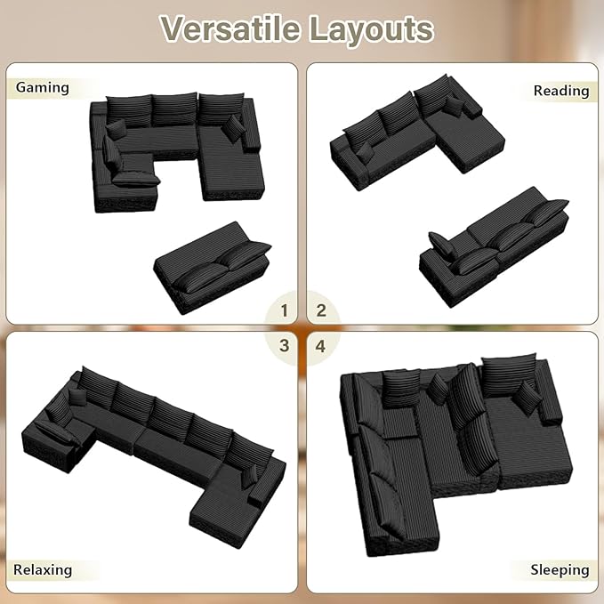 Sectional Cloud Couch with L-Shape Chaise, Modern Modular Comfy Sofa with Deep Seat, Upholstered Corduroy Couches Stupendous U Shaped Sofas for Living Room Bedroom, No Assembly Required, Black