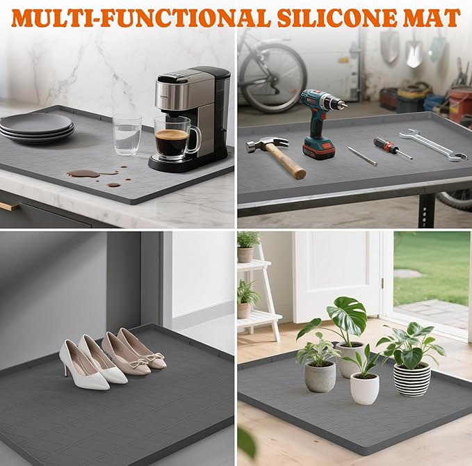 Pawtners Extra Large 2 Packs Silicone Cat Litter Mats, 34" x 22" Waterproof Litter Box Mat, Non-Slip Kitty Litter Mat for Scatter Control, Easy to Clean & Urine-Proof Cat Litter Trapping Mat, Gray