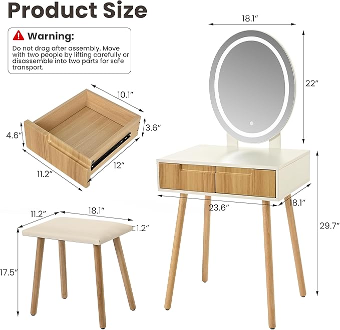 Small Vanity Desk with Mirror and Lights, Wooden Handles with Cushioned Stool, 3 Lighting Modes Round Makeup Table with Upgraded Silent Slides, Compact Vanity for Small Spaces, Natural Oak