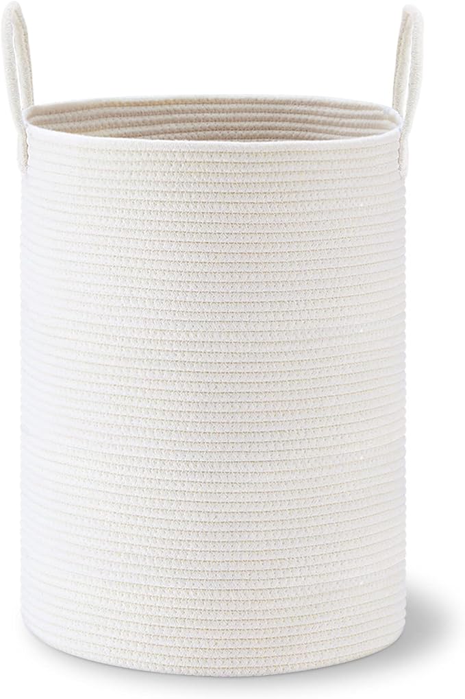 VIPOSCO Large Laundry Hamper, Tall Woven Rope Storage Basket for Blanket, Toys, Dirty Clothes in Living Room, Bathroom, Bedroom - 58L White