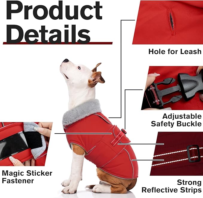 Lelepet Warm Dog Coat - Reflective Waterproof Fleece Vest with Adjustable Buckle Hook & Loop, Windproof Winter Jacket Dog Coats for Small Medium Large Dogs, Red, XL