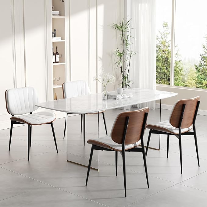 Dining Chairs Set of 2, Mid Century Modern Dining Room Chair, Upholstered Faux Leather Kitchen Chairs with Walnut Bentwood Back and Metal Legs for Kitchen Dining Room Living Room, White