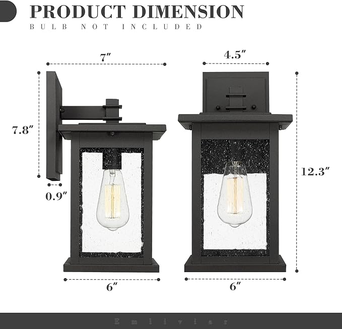 Emliviar Outdoor Wall Sconce, 1-Light Exterior Wall Lantern in Black Finish with Clear Seeded Glass, OS-1803EW1