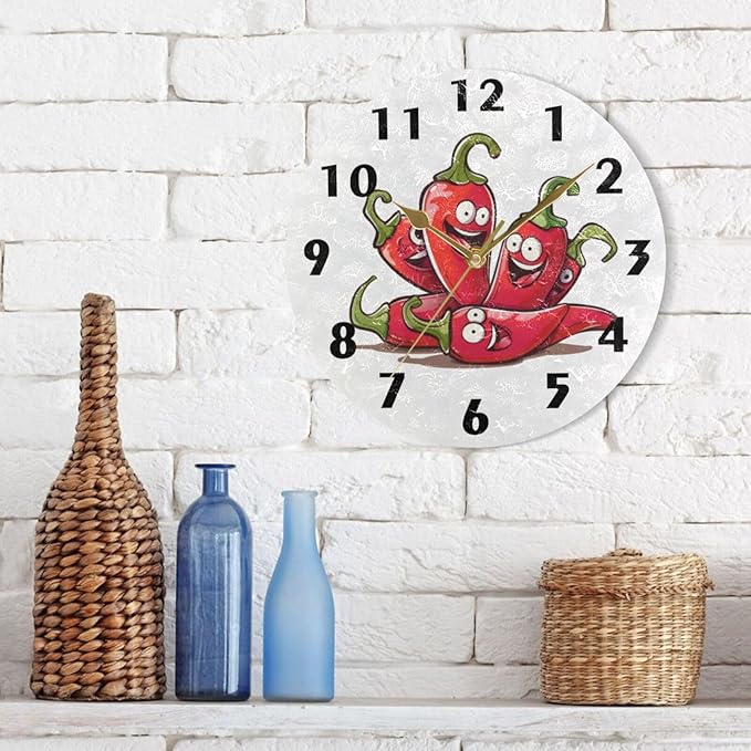 Cartoon Chili Pepper Wall Clock Round Silent Non-Ticking Battery Operated Clocks 10 Inch White Black Home Decor for Kitchen Bedroom Living Room