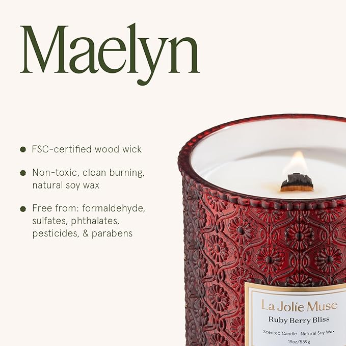LA JOLIE MUSE Christmas Candle | Ruby Berry Bliss | Mandarin, Cranberry & Plum | 19 oz Soy Candle with Wooden Wick | 90-Hour Clean Burn | Holiday Winter Gift | Cozy Home Decor