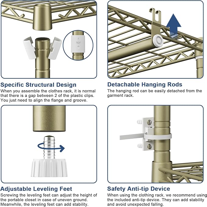 Ulif E12 Clothes Rack,Heavy Duty Freestanding Garment Rack with Shelves,Metal Clothing Closet Storage System for Hanging Clothes,71" W x 16" D x 76.5" H, Hold 960 lbs,Gold
