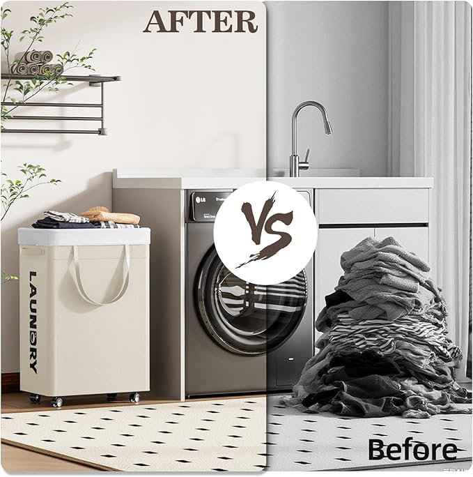 YECAYE 75L Rolling Laundry Hamper, Easy-to-Assemble Clothes Hamper with Wheels, Rolling Dirty Clothes Basket, Slim Basket for Bedroom, Bathroom, or Laundry Room, Beige