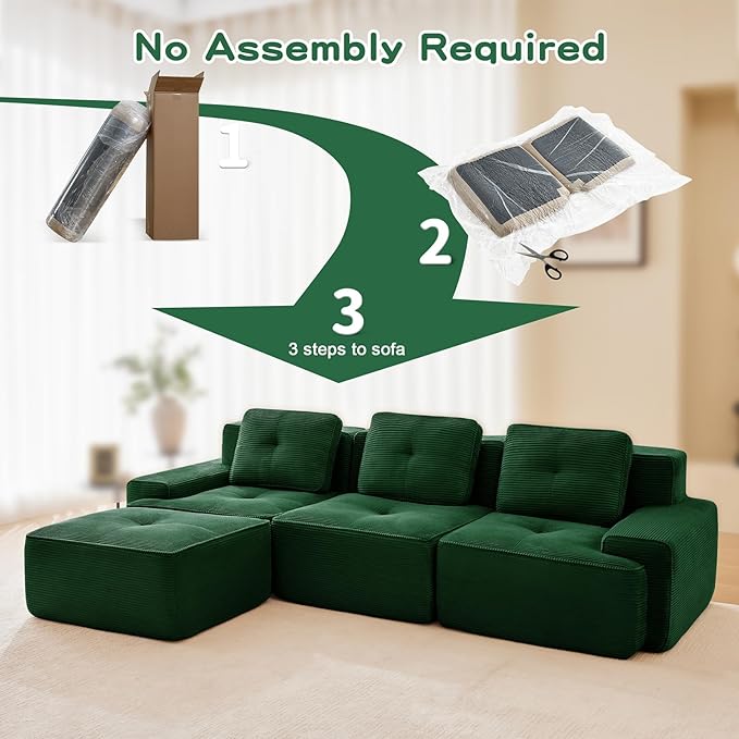 115" Modern Compressed Boneless Couch with Ottoman, 3 Seater Large L Shaped Sectional Couches for Living Room, Green Corduroy Cloud Modular Sectional Sofa, Memory Foam, Extra Deep, No Assembly