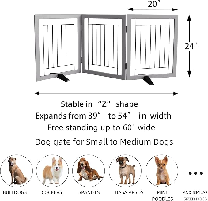 ZJSF Freestanding Dog Gate Indoor, Foldable Dog Fence for Doorways,Hallways or Stairs, Sturdy Wood Extra Wide Pet Gate with Support Feet,Grey,24 "Height-3 Panels