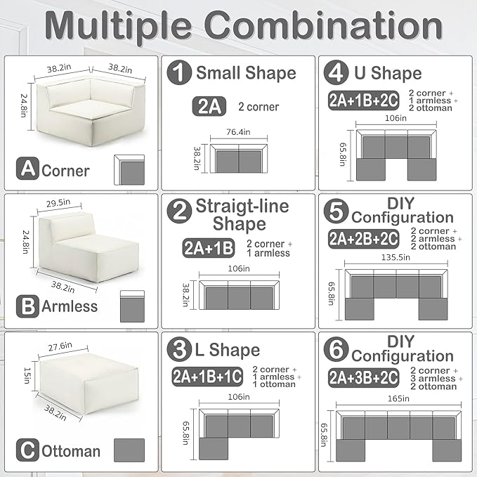 76" Sectional Compressed Sofa Modular Couches Loveseat 2 Deep Seat,High-Density Foam No Assembly Required,2-Piece(2xCorner) for Living Room Fabric Chenille Beige
