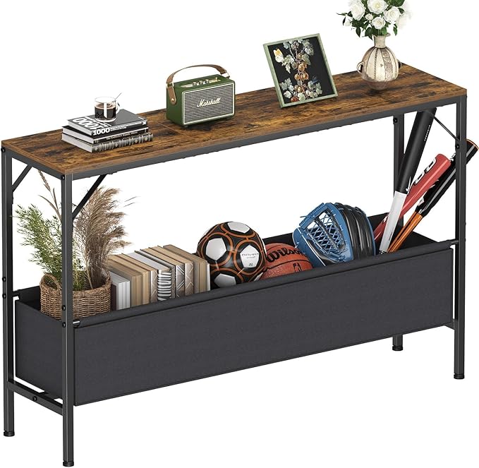 Narrow Console Table with Storage Basket, 47.2'' Behind The Couch Table, Skinny Sofa Table, Entryway Table, Small Console Table, Display Table for Hallway, Foyer, Living Room, Rustic Brown