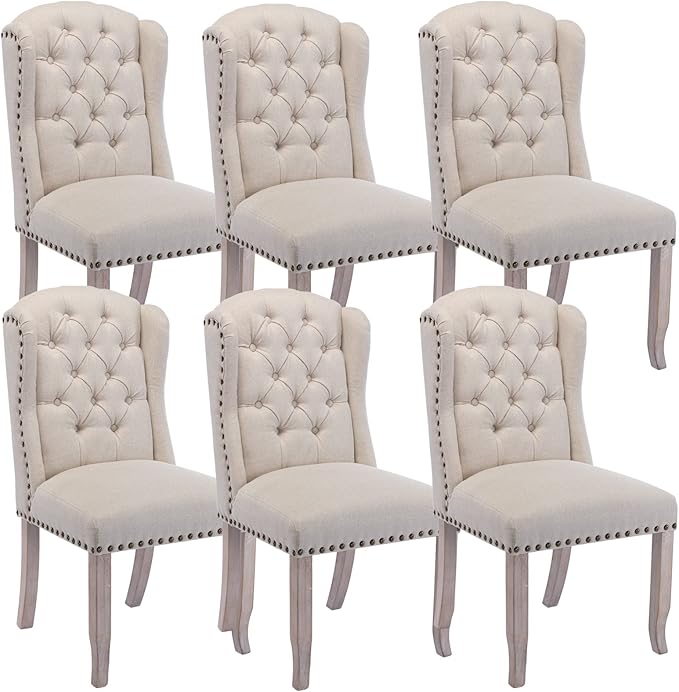 DUOMAY Modern Tufted Dining Chairs Set of 6, Linen Upholstered Dining Room Chairs Armless Guest Side Chair for Kitchen Dining Room, Wingback Accent Chairs with Solid Wood, Beige
