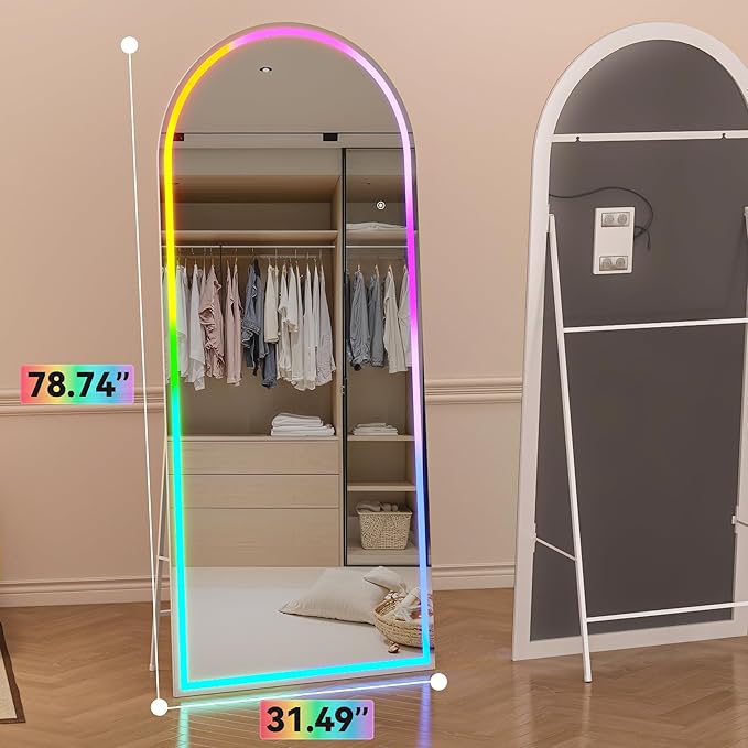Hasipu 78.7" x 31.4" Arch LED RGB Bluetooth Full Length Mirror with Stand & 7 Color Lighting Modes, Full Body Mirror with White Frame for Bedroom, Living Room, Dressing Room
