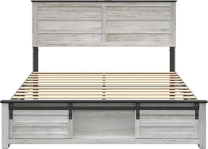 Wooden Bed Frame Queen Size with Headboard & Sliding Barn Door Storage Footboard, Farmhouse Platform Bedframe with Charging Station, No Box Spring Needed (Boho White, Queen)
